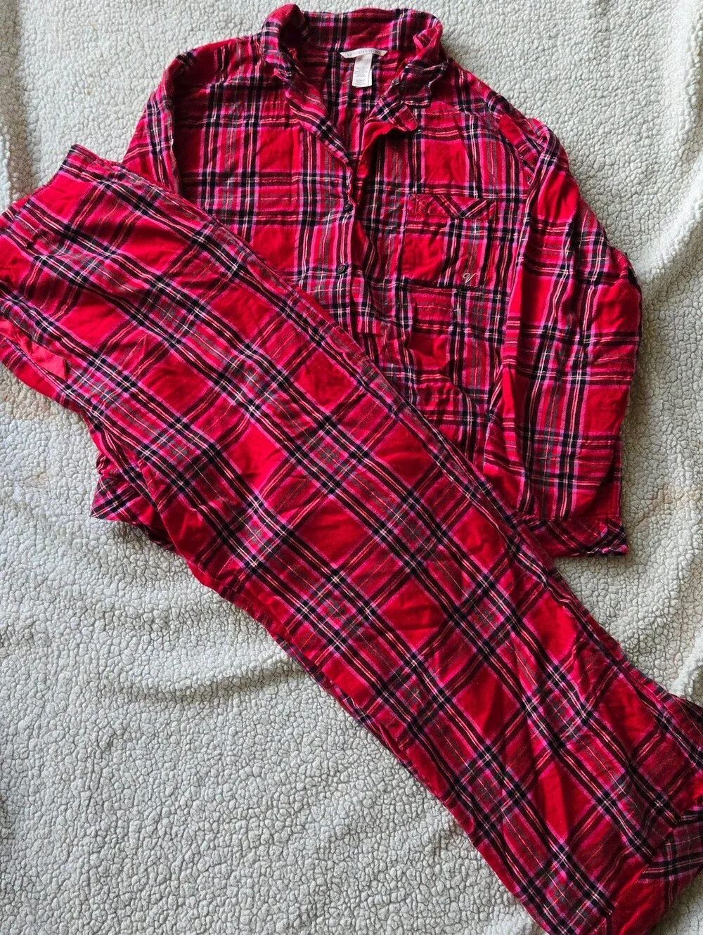 Victoria's Secret Red Plaid Flannel Pajama Set Size XL Long Cozy Christmas
